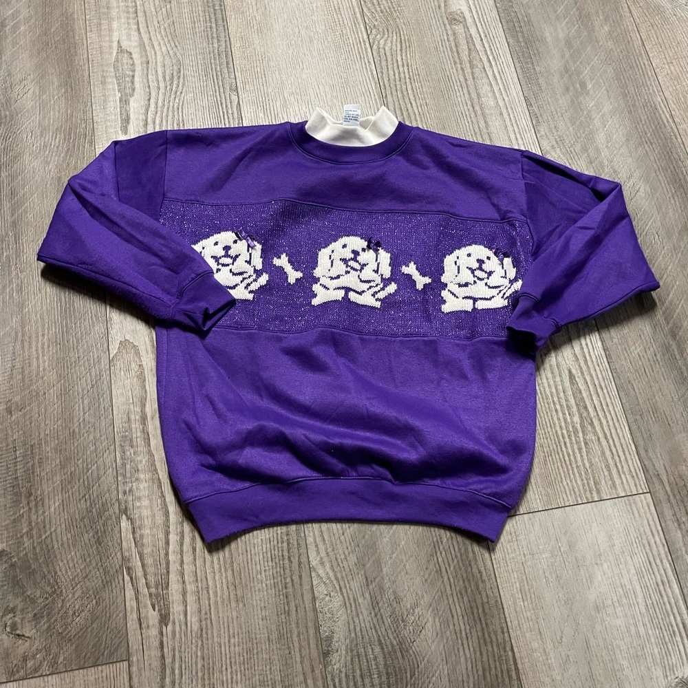 Vintage 70s 80s faux turtleneck purple knit sweatshirt grandma wear dogs M - Picture 4 of 6